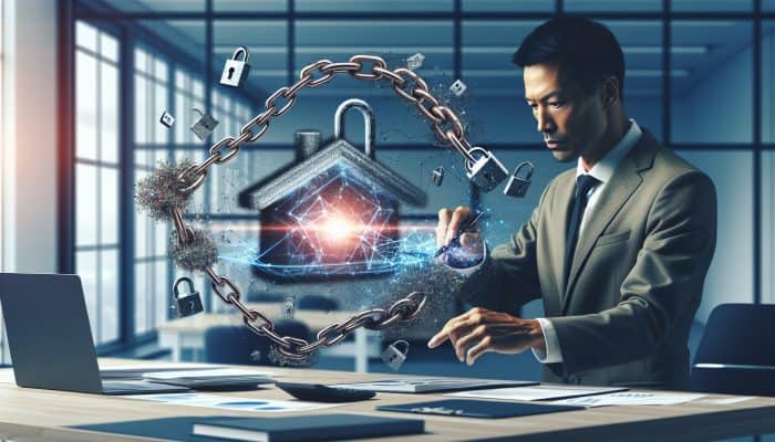 Debt Consolidation After Divorce or Separation: UK financial advisor in modern London office merges tangled debt chains and locked house into a glowing payment slip for relief.