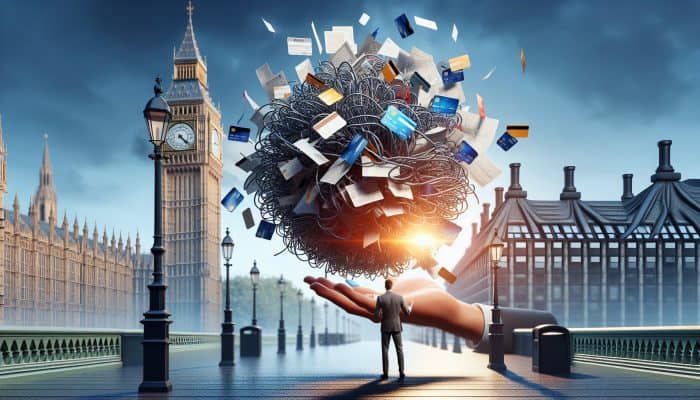 Debt Consolidation vs IVA: Tangled credit cards and bills merging into a glowing loan document, held by a relieved person in front of Big Ben.