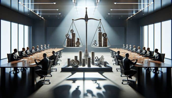 Financial experts in a boardroom debate debt consolidation with merging coins versus IVA on a balanced scale, under lights and charts.