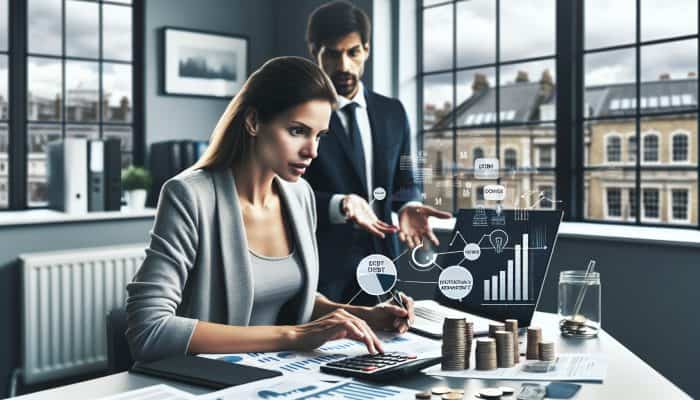 Focused individual in modern London office calculates debt ratios on computer, surrounded by charts, coins, and advisor.