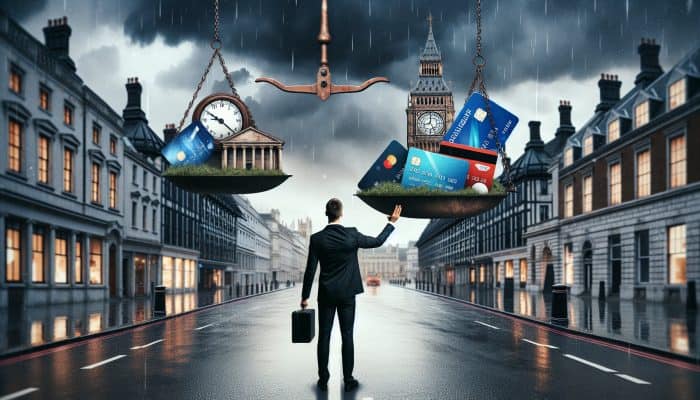 Preparing to Apply for a Debt Consolidation Loan | DCL Preparing to Apply for a Debt Consolidation Loan: Bustling London street: determined professional balances house and credit cards on scale under rainy sky with Big Ben.