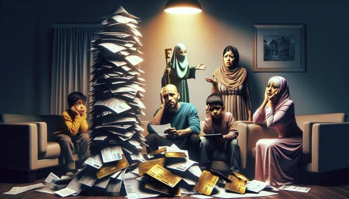 Stressed family in Birmingham home reviews debt consolidation loan document amid bills, faces shifting from worry to relief.