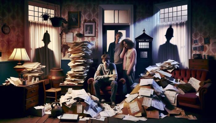 Debt Consolidation for Council Tax Arrears: Stressed London family in cluttered Victorian home surrounded by council tax bills, with shadowy school and police figures in background.