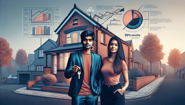 Debt Consolidation on Shared Ownership Homes: Young couple outside modern red-brick house in England, holding keys and 50% ownership contract, with graphs showing rent and equity growth.
