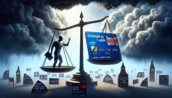 Using a Balance Transfer vs Consolidation Loan: A determined UK resident balances scales: one side with tangled credit debts in darkness, the other with a low-interest card and clear skies, symbolizing financial liberation.