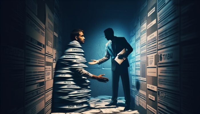 Debt Consolidation Scams to Avoid in the UK: Desperate person in dimly lit room, surrounded by unpaid bills, shakes hands with shadowy figure offering fake contract for debt scam.