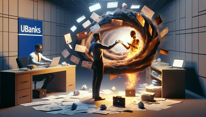 Debt Consolidation vs Bankruptcy Explained: Stressed person in a UK bank office merging scattered credit card bills and loans with an advisor, symbolizing debt relief.