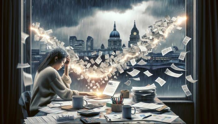 Debt Consolidation on Zero-Hours Contracts: Essential Guide | DCL Debt Consolidation on Zero-Hours Contracts: Stressed worker at a cluttered desk in a rainy UK city, surrounded by debt bills merging into a glowing payment stream symbolizing financial stability.