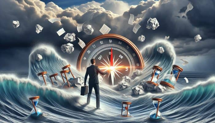 Debt Consolidation on Zero-Hours Contracts: Essential Guide | DCL Determined worker on zero-hours contract navigates stormy sea of debt bills with glowing debt consolidation compass under turbulent sky.
