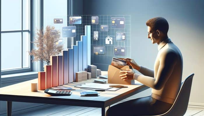 Can Debt Consolidation Stop Bailiff Action?: Relieved UK individual at desk organizing credit cards and loans into one envelope, with financial charts and a peaceful street view.