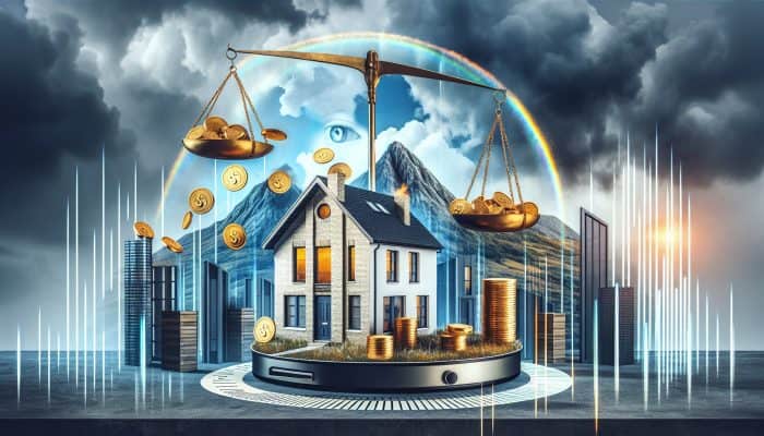 Consolidating Debt on Interest Only Mortgages: Illustration of a modern house with raining golden coins, looming repayment mountain, balanced risk-reward scales, under FCA eye in financial cityscape.