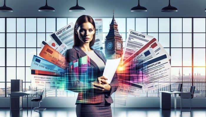 How Debt Consolidation Affects Renting a Home: A determined person in a modern UK office signs a debt consolidation loan amid scattered bills, with Big Ben visible.