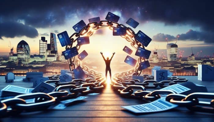 Debt Consolidation for Store Card Balances: Key Tips | DCL Debt Consolidation for Store Card Balances: Person breaking free from tangled store card chains into a glowing loan path, symbolizing UK debt consolidation under London skyline at dusk.