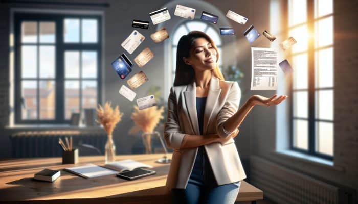 Debt Consolidation for Store Card Balances: Key Tips | DCL A relieved UK professional in a modern London office smiles confidently while holding a loan document, with fading store card bills symbolizing simplified debt management.