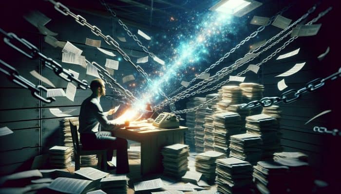 Determined person at cluttered desk with overdue bills and credit chains, studying glowing debt consolidation flowchart, light symbolizing hope.