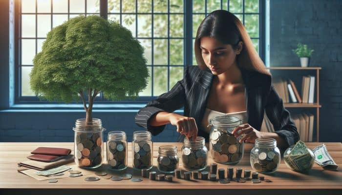 Sinking Funds to Stay Debt Free After Consolidation | DCL Sinking Funds to Stay Debt Free After Consolidation: A focused UK individual at a wooden desk places coins into jars labeled for car repairs, holidays, and home maintenance, with a growing money tree in the background.