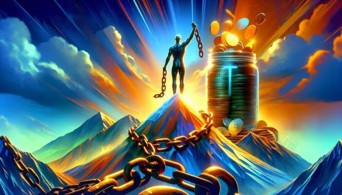 Sinking Funds to Stay Debt Free After Consolidation | DCL A triumphant figure on a sunlit mountain peak breaks free from rusted debt chains, with a glowing jar overflowing golden coins in a hopeful landscape.