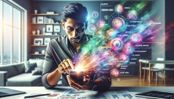 Sinking Funds to Stay Debt Free After Consolidation | DCL A focused individual in a modern UK home uses a smartphone app to track sinking fund balances and expenses via vibrant graphs and alerts.