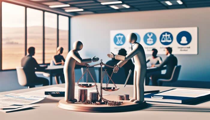 A supportive UK advisor at National Debtline guides a diverse individual through debt relief in a modern office, surrounded by broken chains, balanced scales, and financial charts.