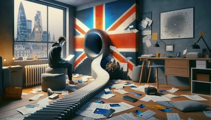 Debt Consolidation for Gig Economy Workers: A Practical Guide | DCL A determined gig worker in a modern London flat, surrounded by bills and credit cards merging into a single loan document, with a Union Jack flag in the background.