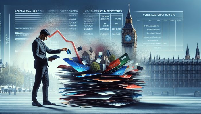 A determined UK resident stands before Big Ben, merging chaotic credit cards and bills into a glowing loan agreement with falling interest graphs.