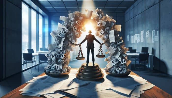 Person in a modern office breaking free from chains of crumpled CCJ documents, symbolizing debt consolidation, with a beam of light on a balanced financial scale.