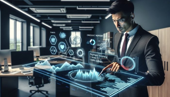 A determined individual in a modern UK office reviews a credit report screen showing rising payment graphs, falling debt, and a UK map, symbolizing financial recovery.
