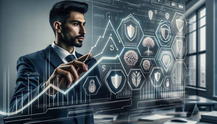 Financial advisor in a modern London office reviewing credit reports on a screen with rising graphs and shields.