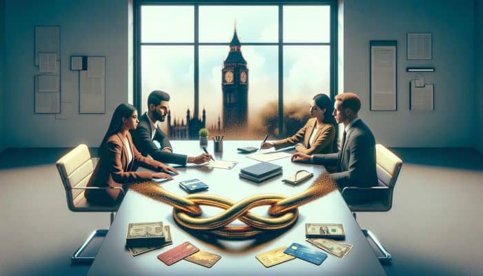 An unmarried couple signs a joint debt consolidation loan in a modern London office, with credit cards merging into a golden chain under Big Ben.