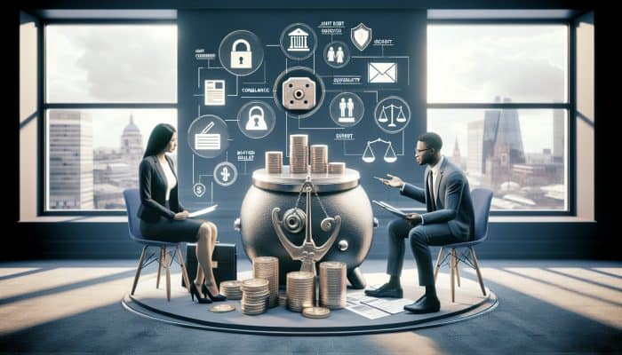 In a modern UK bank office, a diverse couple consults a financial advisor about joint debt consolidation, with charts and security symbols.