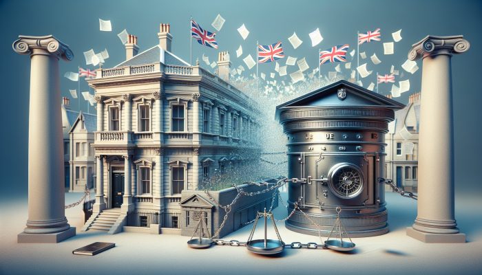 A Victorian house chained to a bank vault, with fluttering legal documents, a balanced scale, and Union Jack under cloudy skies, symbolizing a UK secured loan.
