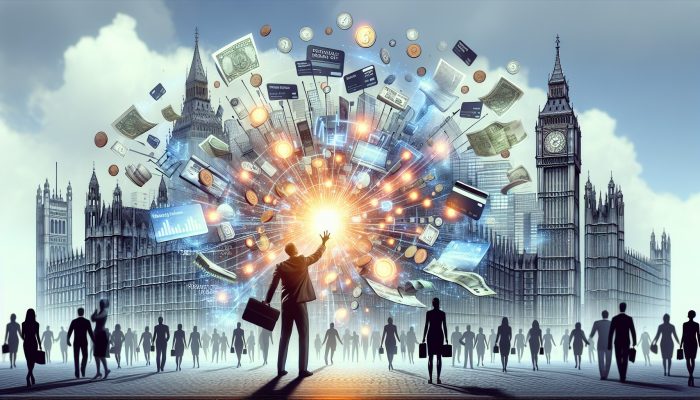 Determined individual in UK cityscape with Big Ben merges chaotic debt symbols like cards and bills into a glowing loan, symbolizing financial hope.