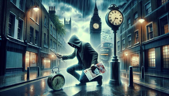 Stressed individual on a rainy London street holding British pound notes and a ticking clock, with FCA logo, symbolizing urgent payday loan risks.
