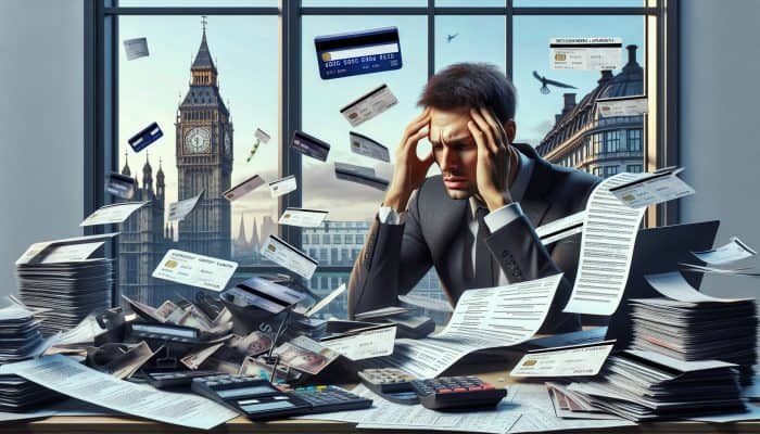 Stressed UK individual in London office merges scattered credit cards and bills into one loan, expression turning to relief with Big Ben visible.