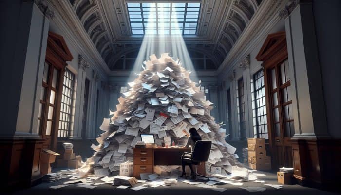 Stressed freelancer in cluttered London office amid stacks of HMRC forms; a glowing beam merges them into one orderly file, evoking relief.