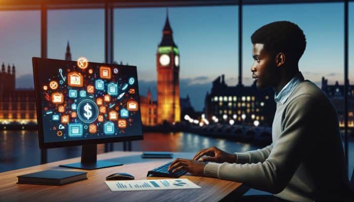 Young professional in a modern London office reviews computer screen showing merging student loan icons, symbolizing UK debt consolidation with Big Ben in sunset background.