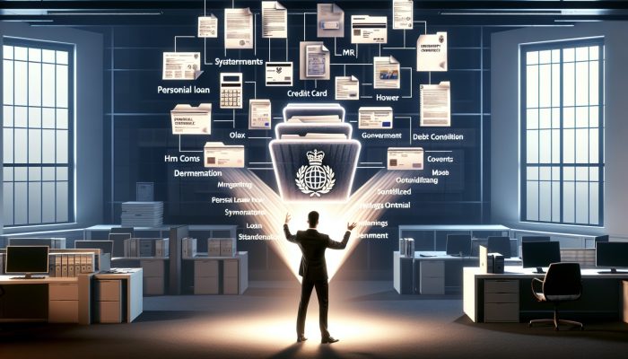 A determined person in a modern UK office merges stacks of loan papers, credit card statements, and tax forms into a glowing folder under a government aid emblem.