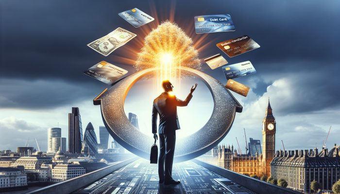 A relieved Londoner under Big Ben watches credit cards and bills merge into a glowing loan document, symbolizing simplified debt consolidation.