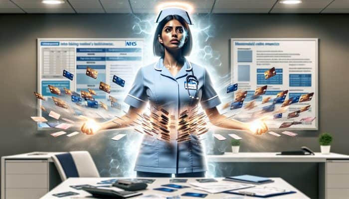 NHS nurse in uniform transforms chaotic credit cards into a glowing loan document in a modern UK office.