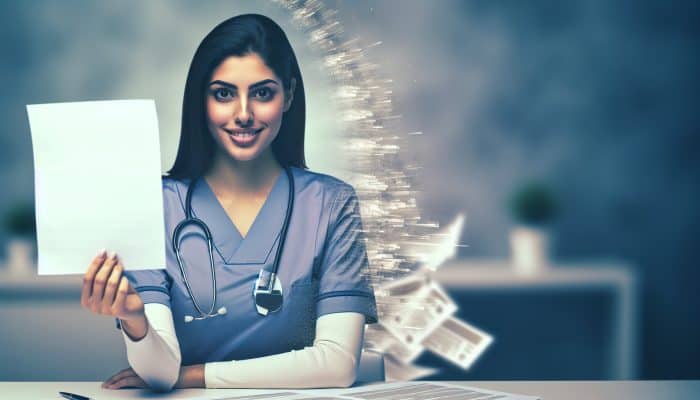 NHS nurse holding a document with financial papers and a stethoscope, promoting debt consolidation l.