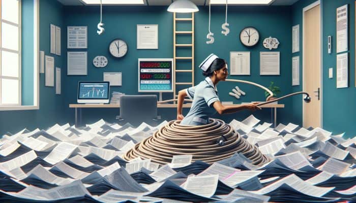 NHS nurse in a modern UK office reviews debt bills and interest rates on a computer, with a flowchart of consolidation steps.