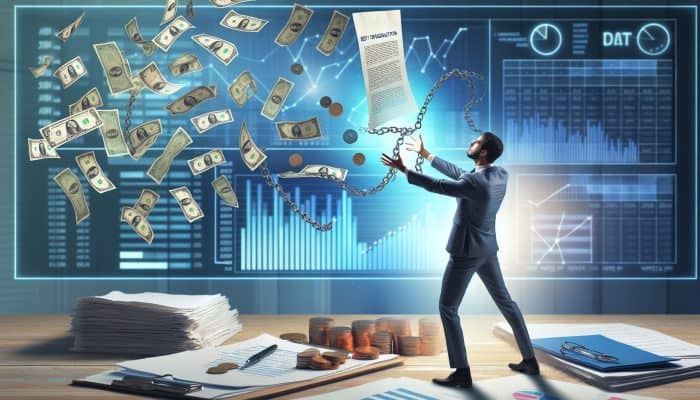 A person in an office unshackling from tangled bill chains, merging them into a glowing loan document, with serene graphs showing financial relief.