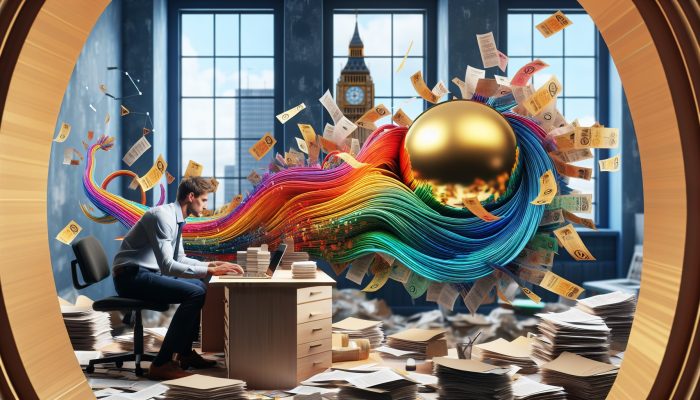 Self Employed Debt Consolidation: What to Know | DCL A self-employed freelancer in a cluttered UK home office, with colorful debt papers merging into a golden loan document and Big Ben visible.