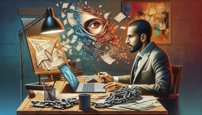 Self Employed Debt Consolidation: What to Know | DCL Determined entrepreneur reviews financial charts and debt documents on a laptop at a cluttered desk, with broken chains symbolizing freedom in a warm home office.