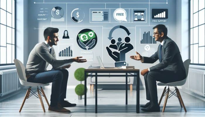 Two professionals discussing debt consolidation options in a modern office.