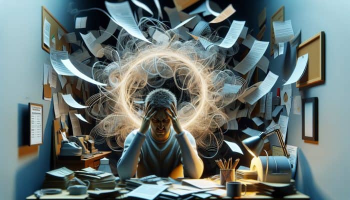 Stressful person overwhelmed with paperwork and debt documents in an office.