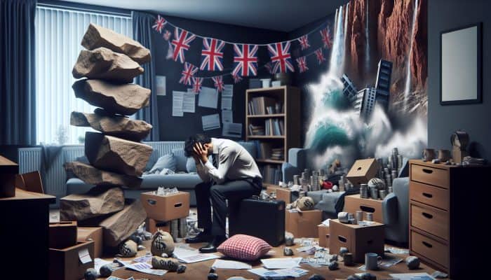 A stressed young professional in a cluttered London flat, overwhelmed by bills and graphs, clutches their head in anxiety under dim lighting.
