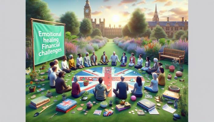 A serene British garden with a diverse group in a supportive circle, surrounded by therapy books, financial charts, and mental health icons, symbolizing emotional recovery and resilience.