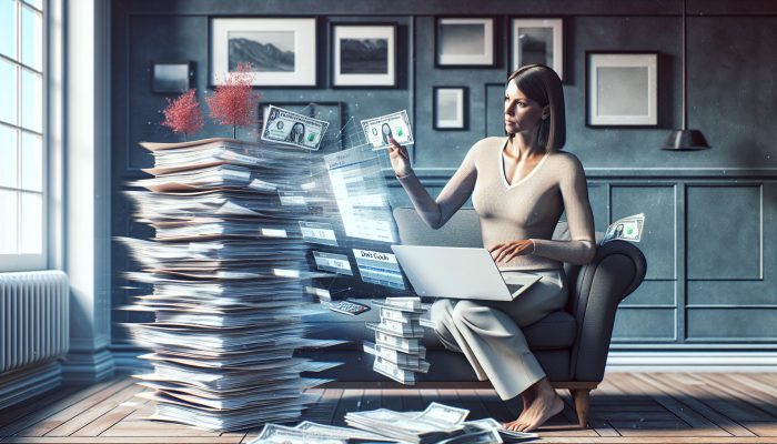 A determined single mother in a cozy UK living room reviews debt consolidation on her laptop, with bills merging into one for relief.