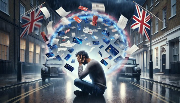 A stressed person stands in a rainy London street, surrounded by chaotic floating credit cards and bills merging into a glowing loan document, with a waving Union Jack flag.